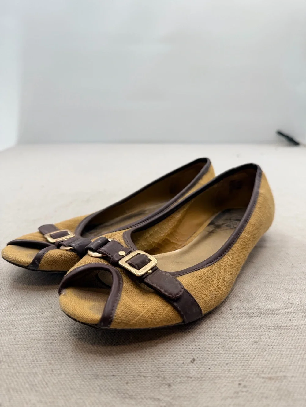 Diba  Brown Peep-Toe Buckle Flats